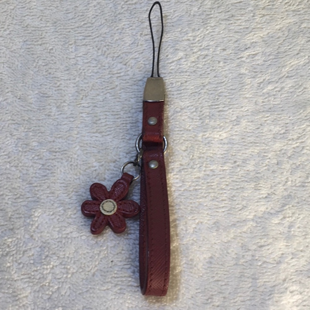 Prada Red Flower Keyring in Saffiano Leather and Silvertone Metal (6.5in)